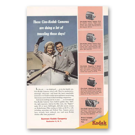 1950 Cine Kodak Camera Lot of Traveling These Days Pan Am Vintage Magazine Print Ad