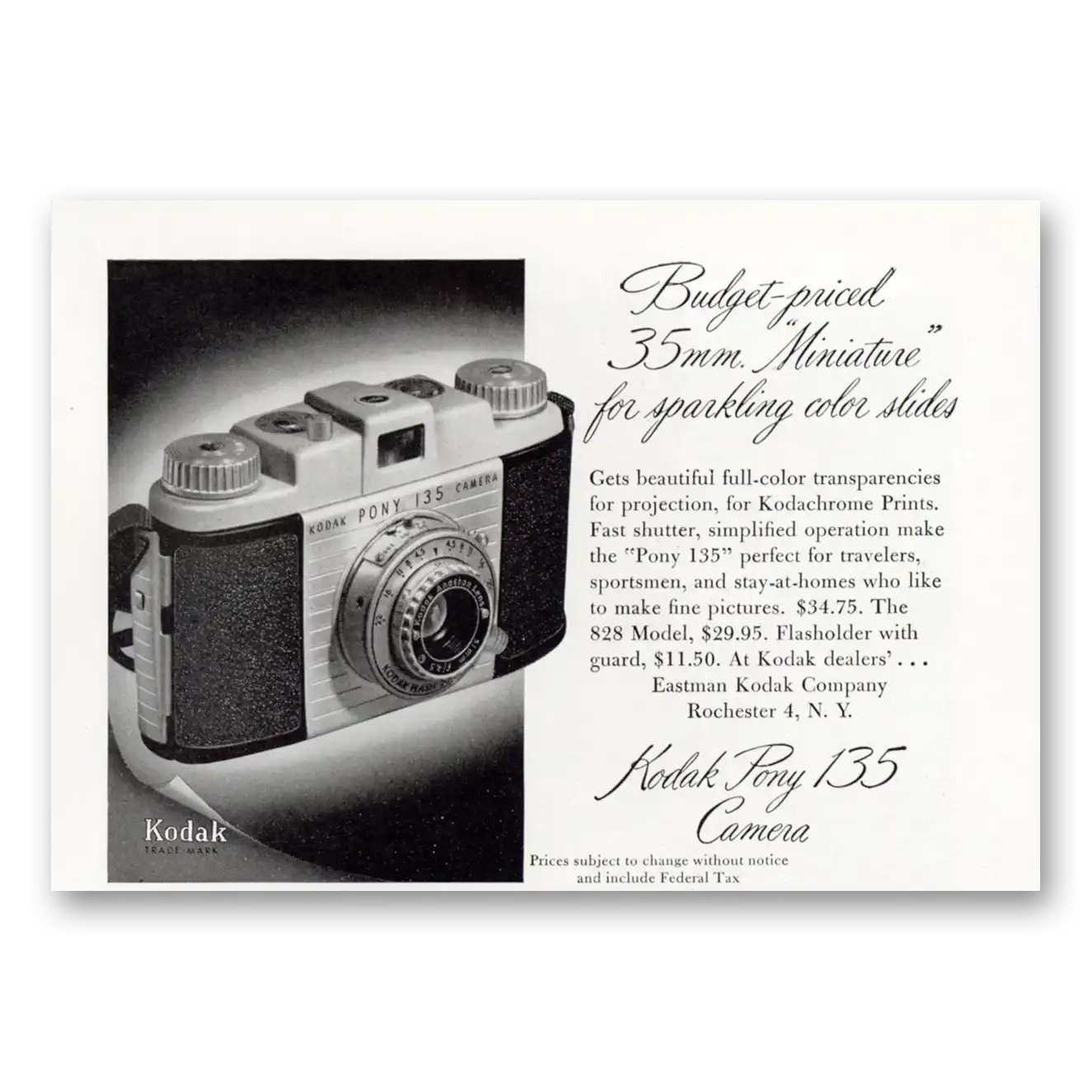 1950 Kodak Pony Camera Miniature for Sparkling Color Slides Vintage Magazine Print Ad