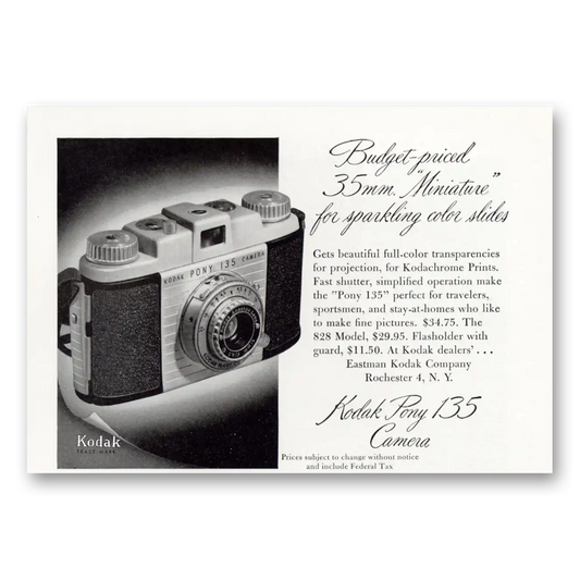 1950 Kodak Pony Camera Miniature for Sparkling Color Slides Vintage Magazine Print Ad