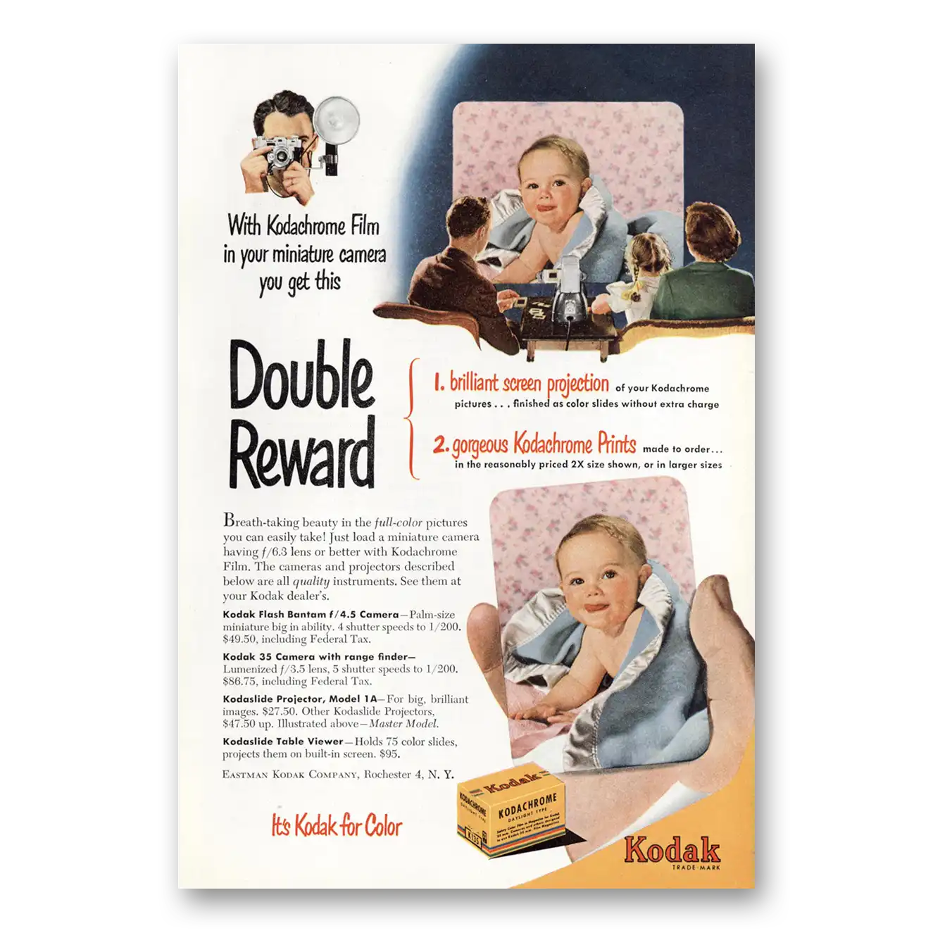 1950 Kodachrome Film Double Reward Baby Vintage Magazine Print Ad