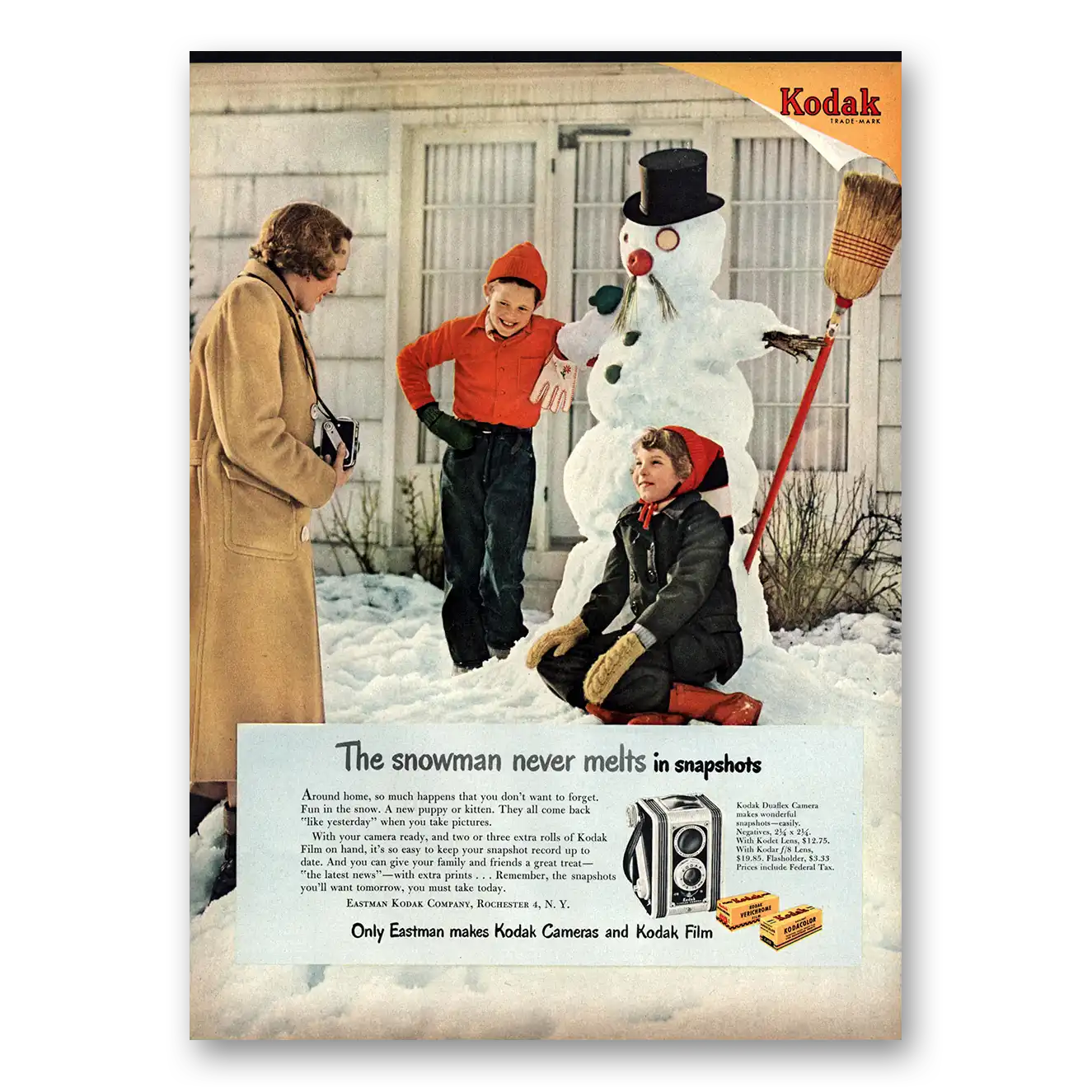 1950 Kodak Duo Camera Snowman Never Melts in Snapshots Vintage Magazine Print Ad