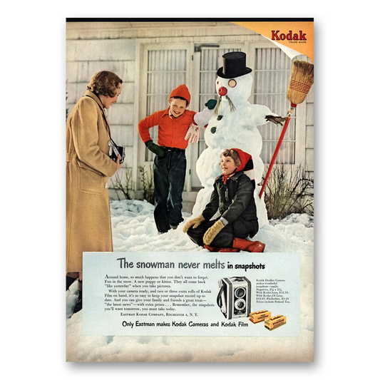 1950 Kodak Duo Camera Snowman Never Melts in Snapshots Vintage Magazine Print Ad