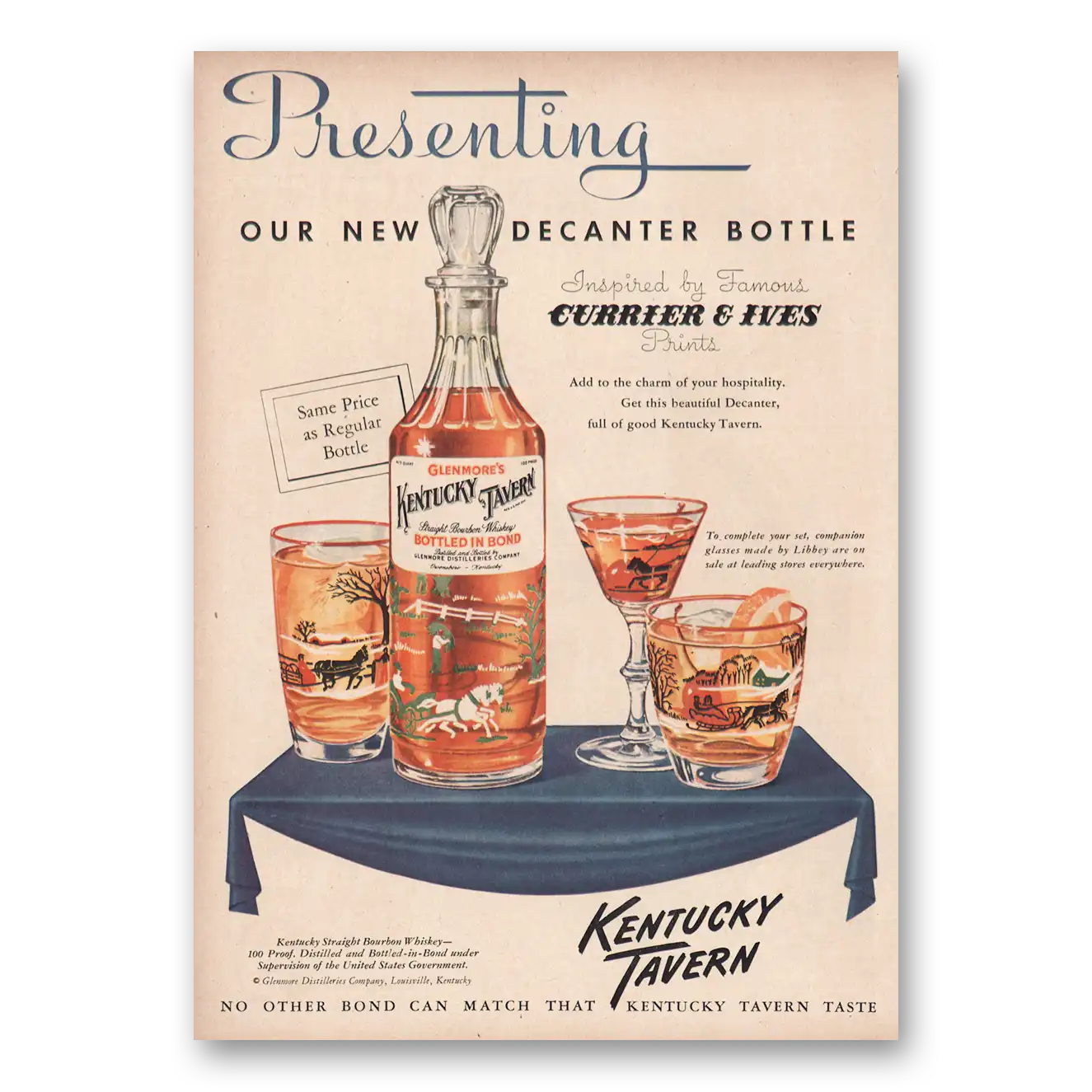 1950 Kentucky Tavern Whiskey New Decanter Bottle Currier & Ives Vintage Magazine Print Ad