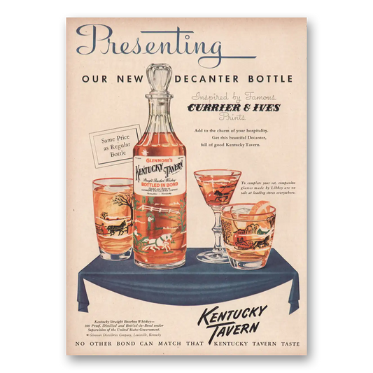 1950 Kentucky Tavern Whiskey New Decanter Bottle Currier & Ives Vintage Magazine Print Ad