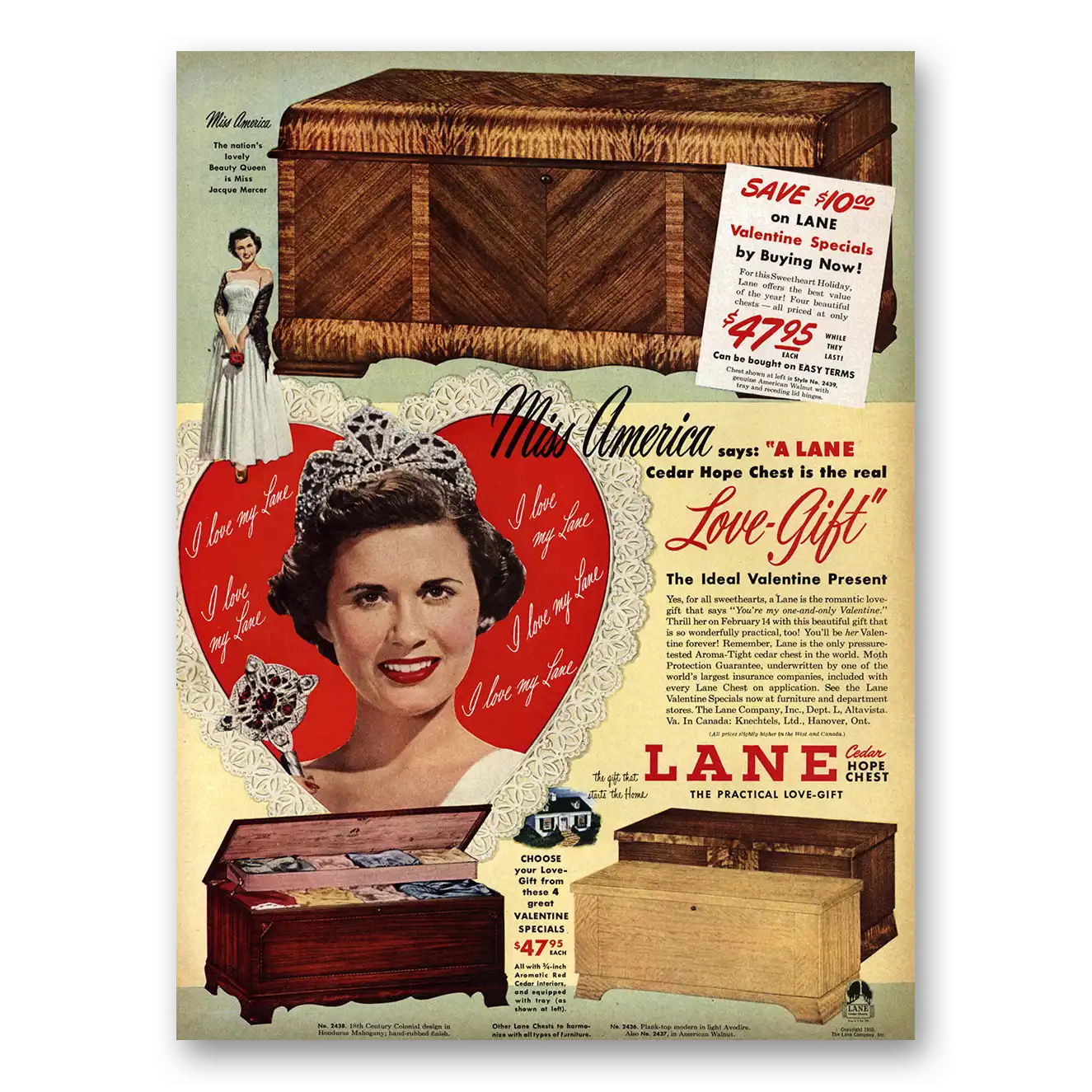 1950 Lane Cedar Hope Chest Miss America Vintage Magazine Print Ad