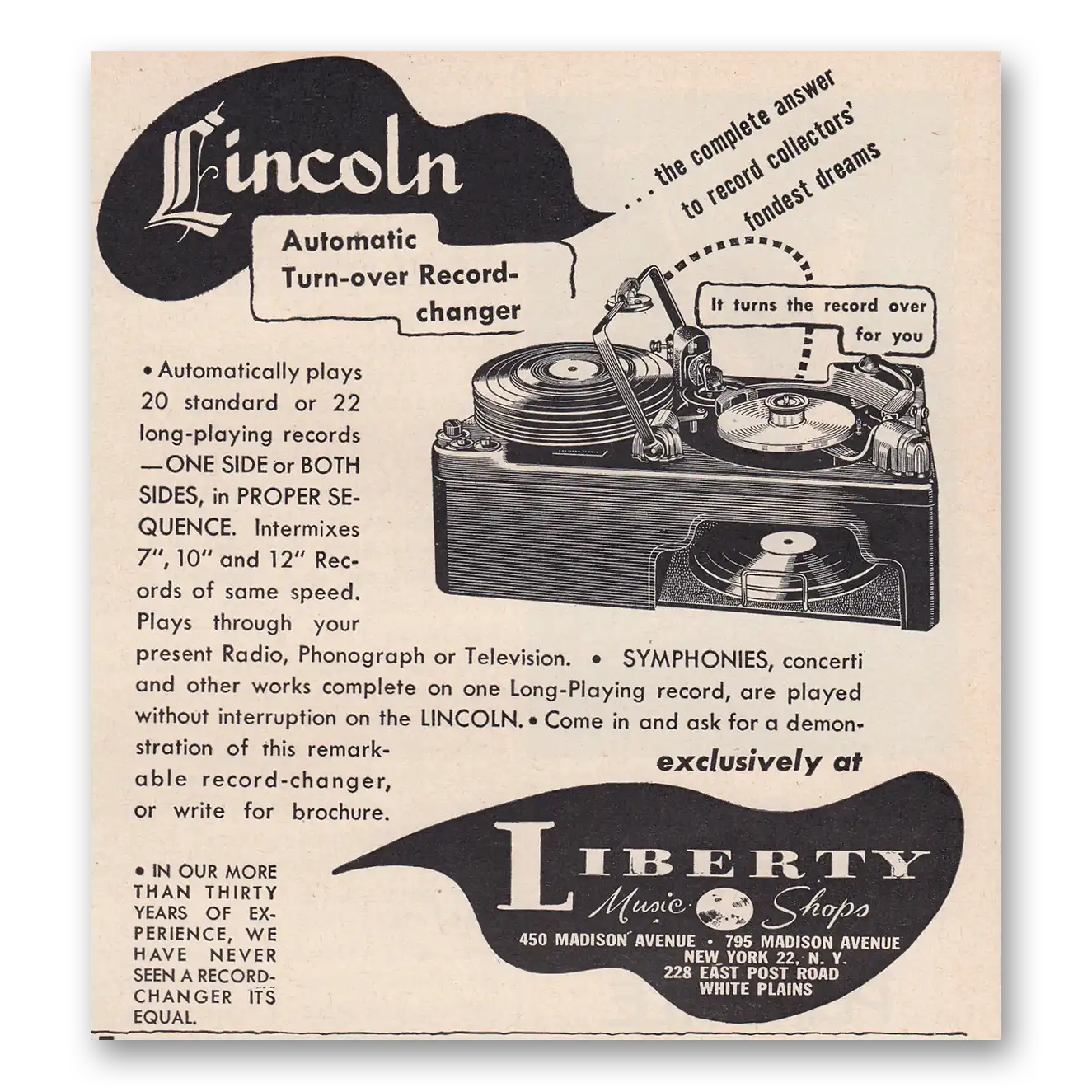 1950 Liberty Music Shops Automatic Turn Over Record Changer Vintage Magazine Print Ad