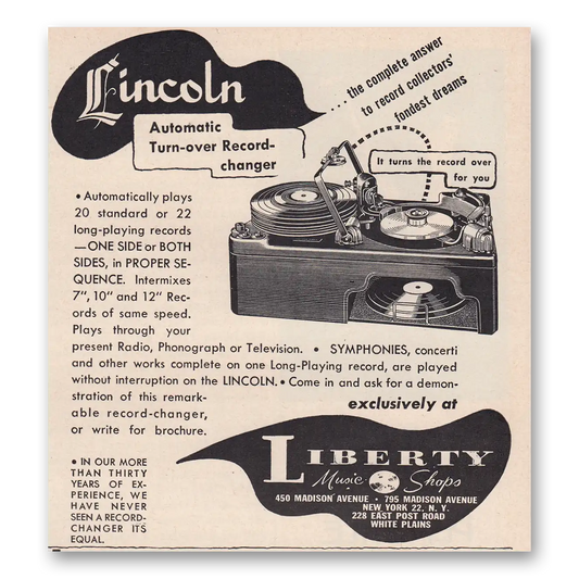 1950 Liberty Music Shops Automatic Turn Over Record Changer Vintage Magazine Print Ad