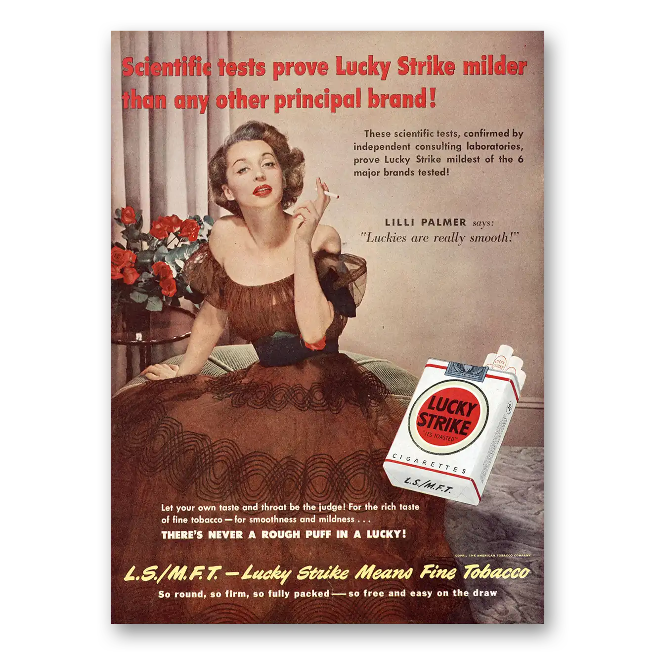 1950 Lucky Strike Cigarettes Lilli Palmer Scientific Tests Prove Vintage Magazine Print Ad