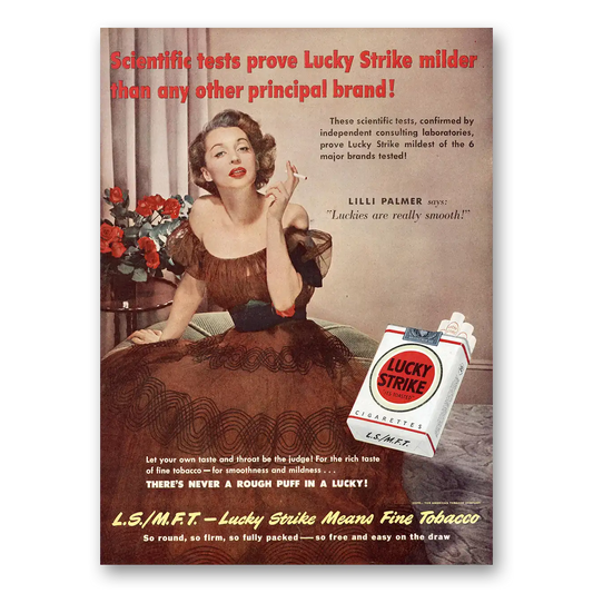 1950 Lucky Strike Cigarettes Lilli Palmer Scientific Tests Prove Vintage Magazine Print Ad