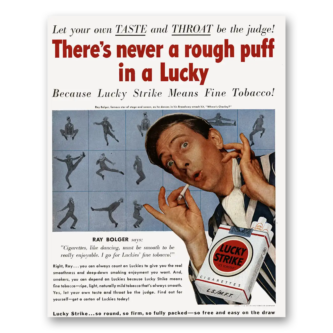 1950 Lucky Strike Cigarettes Ray Bolger Never a Rough Puff Vintage Magazine Print Ad