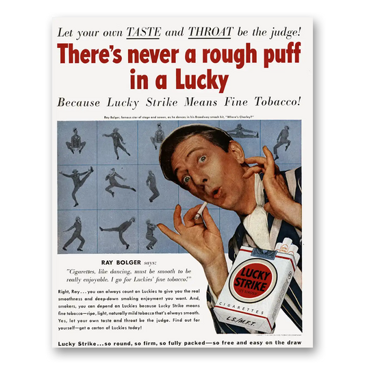 1950 Lucky Strike Cigarettes Ray Bolger Never a Rough Puff Vintage Magazine Print Ad