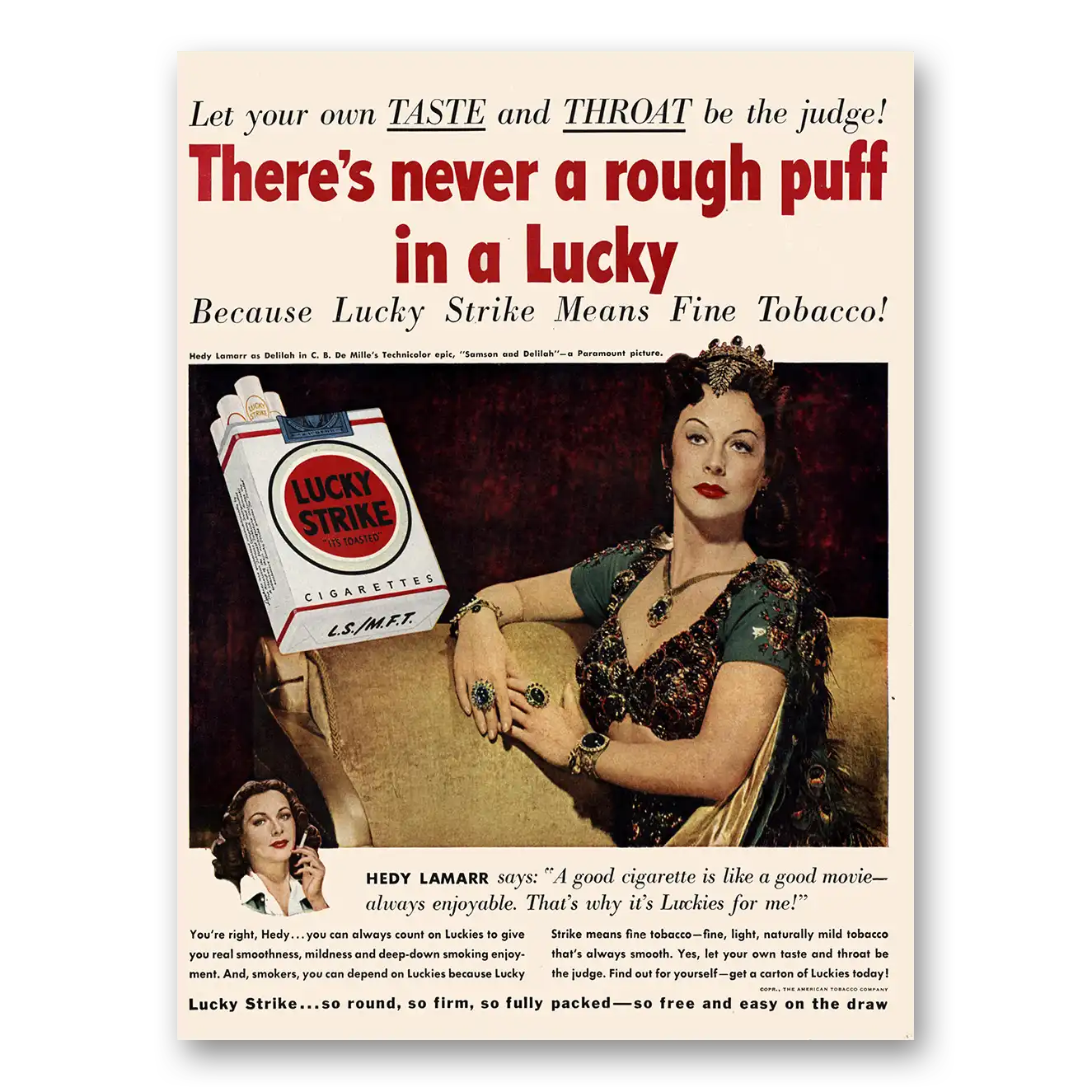 1950 Lucky Strike Cigarettes Hedy Lamarr Vintage Magazine Print Ad