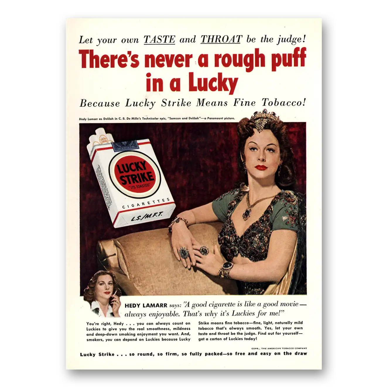 1950 Lucky Strike Cigarettes Hedy Lamarr Vintage Magazine Print Ad