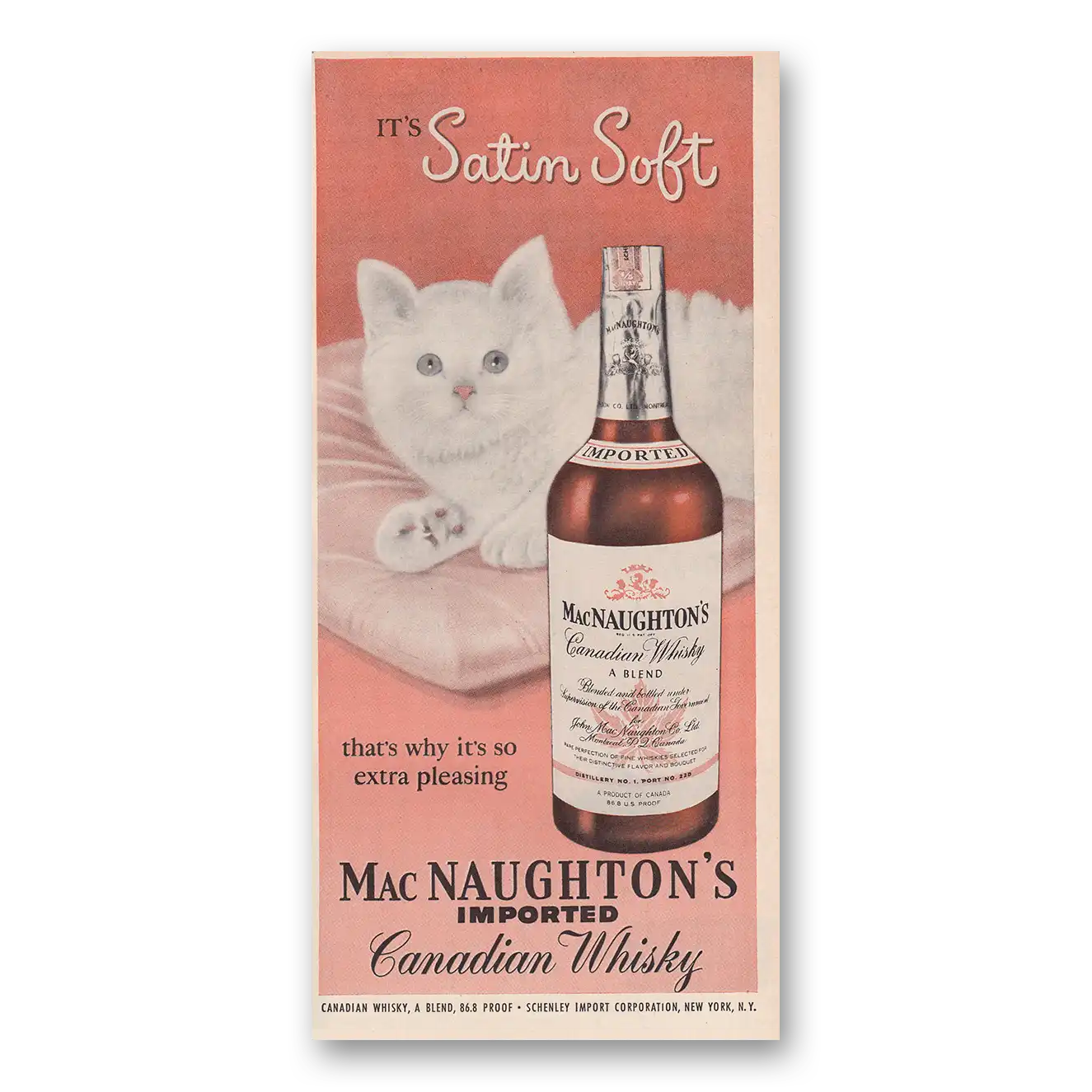 1950 MacNaughton Canadian Whisky Satin Soft Kitten Vintage Magazine Print Ad