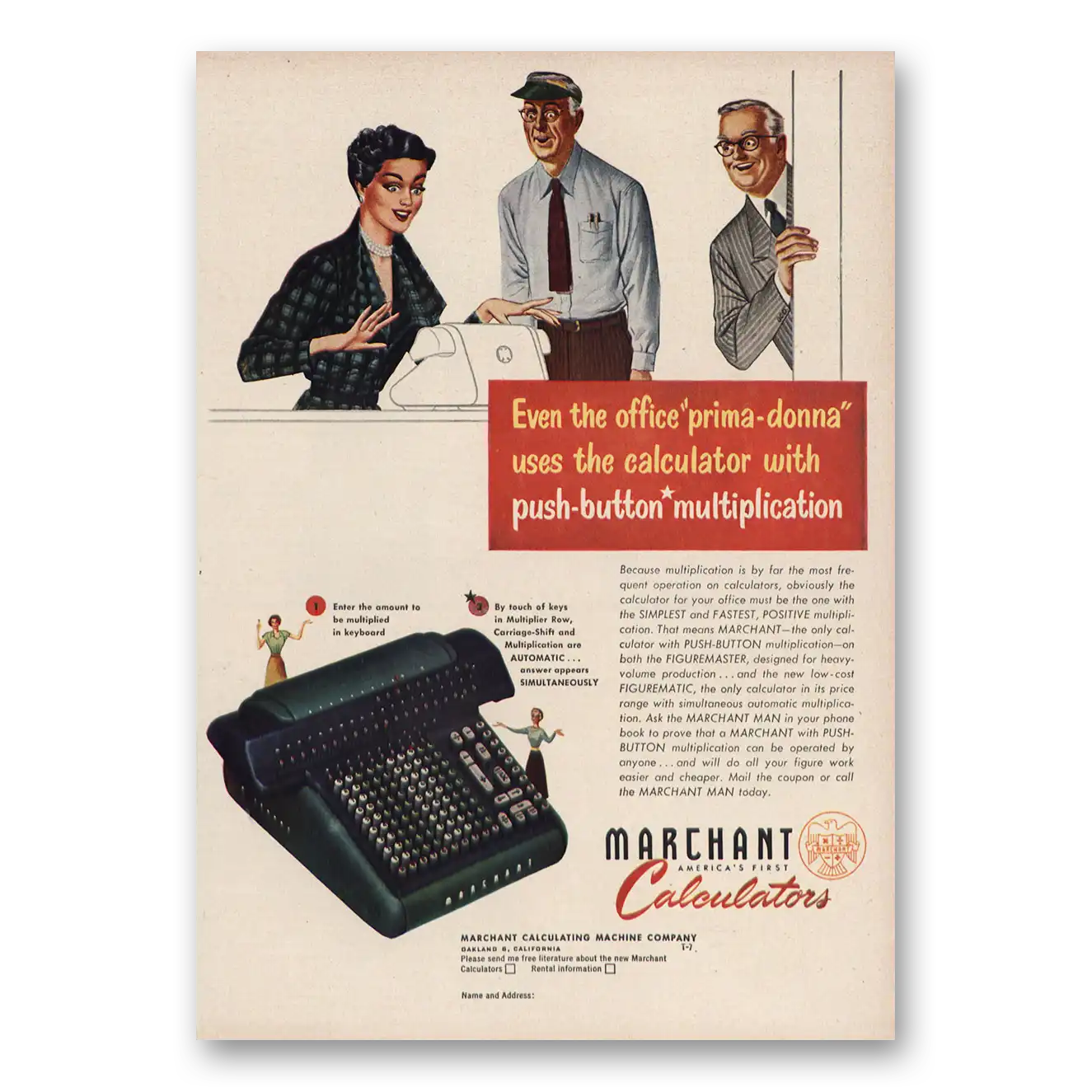 1950 Marchant Calculating Machine Even the Office Prima Donna Vintage Magazine Print Ad