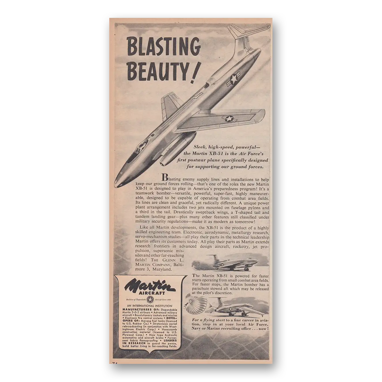 1950 Martin XB51 Blasting Beauty Vintage Magazine Print Ad