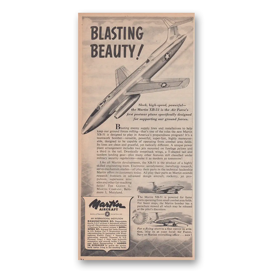 1950 Martin XB51 Blasting Beauty Vintage Magazine Print Ad