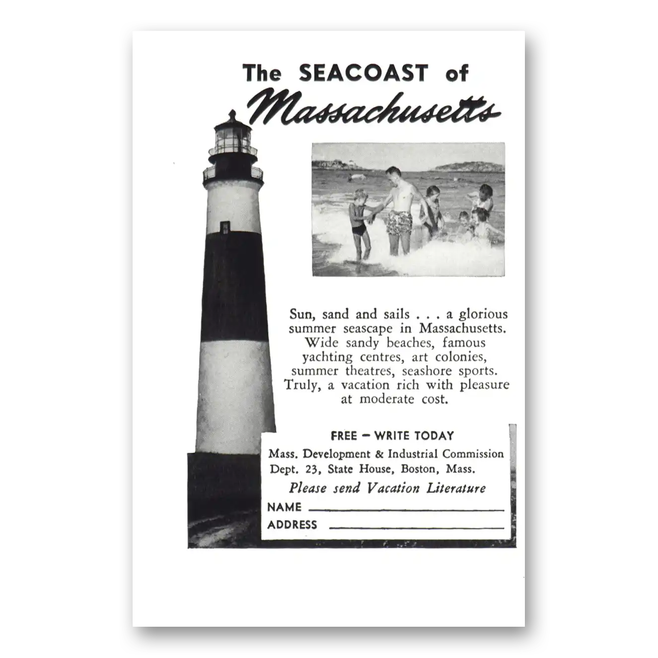 1950 Massachusetts Seacoast Vintage Magazine Print Ad