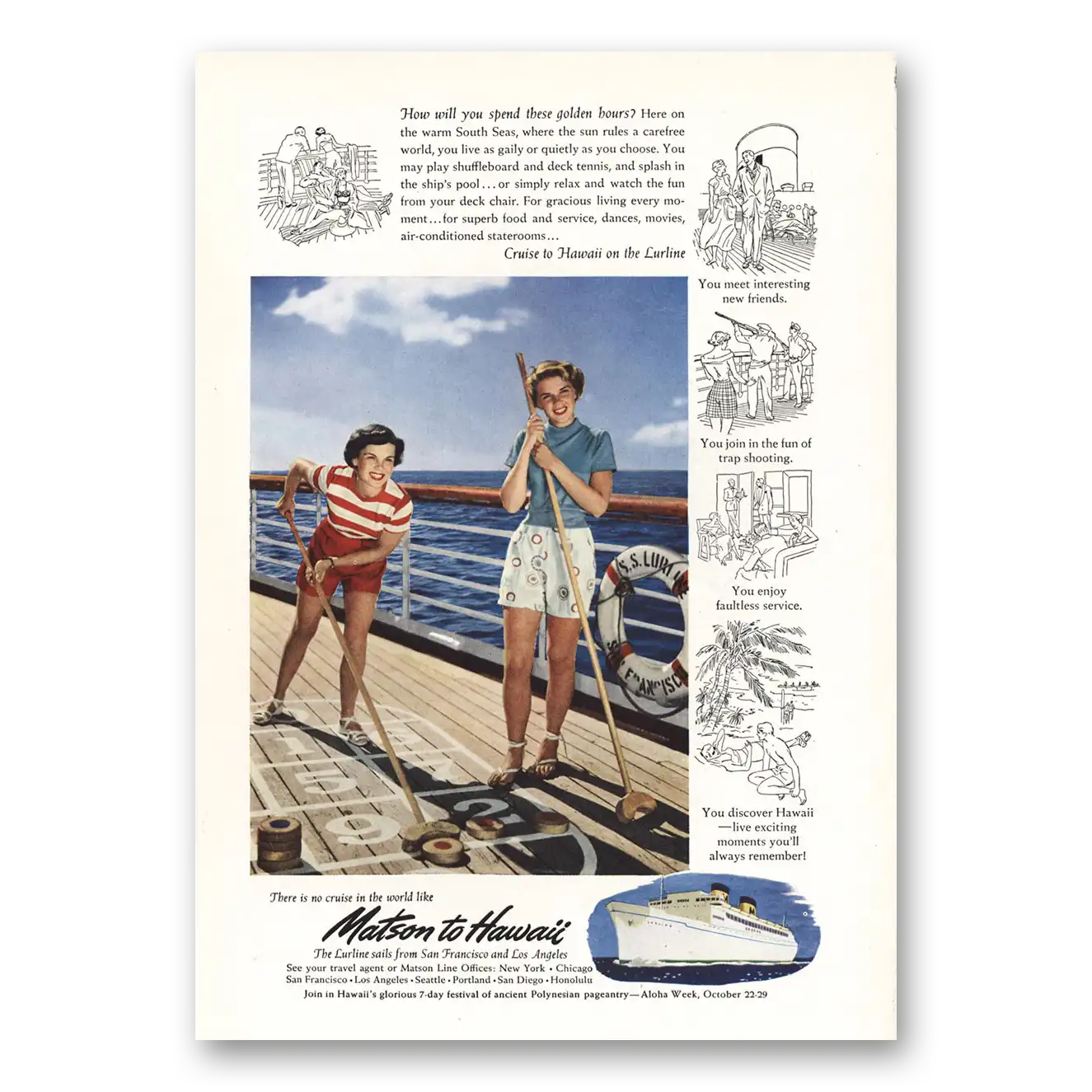 1950 Matson Line Shuffleboard Golden Hours Vintage Magazine Print Ad