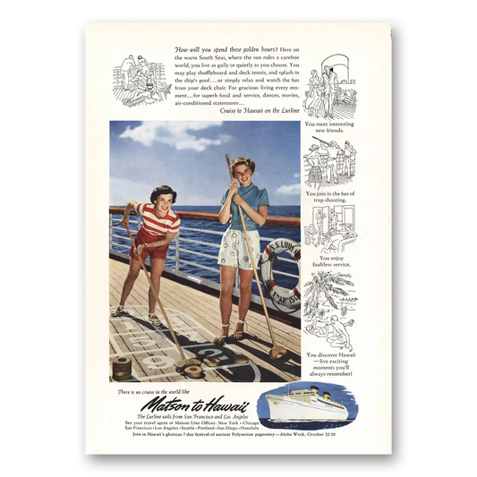 1950 Matson Line Shuffleboard Golden Hours Vintage Magazine Print Ad