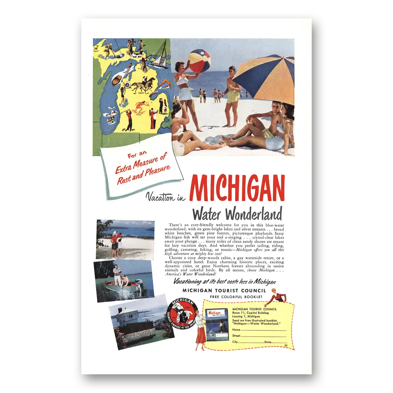 1950 Michigan Extra Measure of Rest and Pleasure Vintage Magazine Print Ad