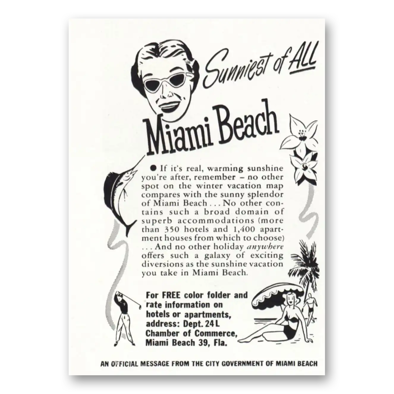 1950 Miami Beach Florida Sunniest of All Vintage Magazine Print Ad