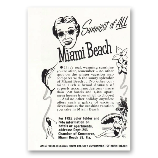 1950 Miami Beach Florida Sunniest of All Vintage Magazine Print Ad