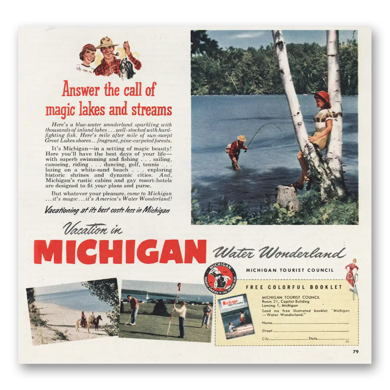 1950 Michigan Call of Major Lakes and Streams Vintage Magazine Print Ad