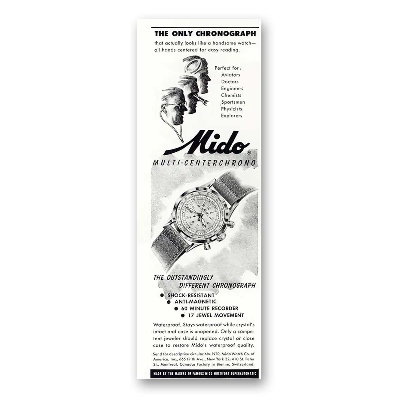 1950 Mido Watch Multi Centerchrono Watch Only Chronograph Vintage Magazine Print Ad