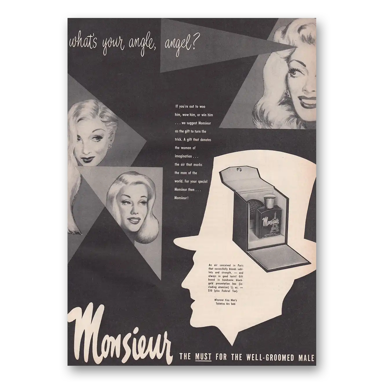 1950 Monsieur Cologne Whats Your Angle Angel Vintage Magazine Print Ad