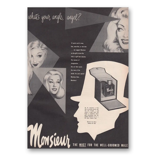 1950 Monsieur Cologne Whats Your Angle Angel Vintage Magazine Print Ad