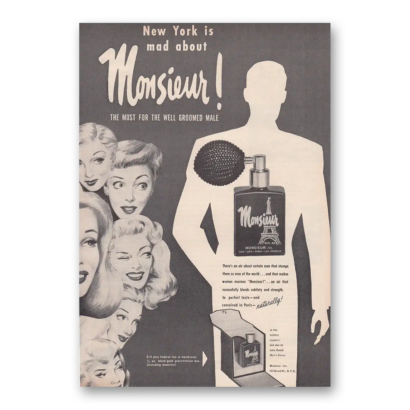 1950 Monsieur Cologne New York Is Mad About Vintage Magazine Print Ad