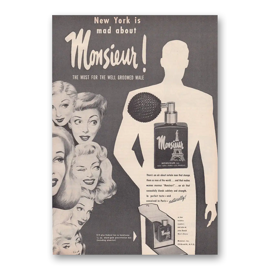 1950 Monsieur Cologne New York Is Mad About Vintage Magazine Print Ad