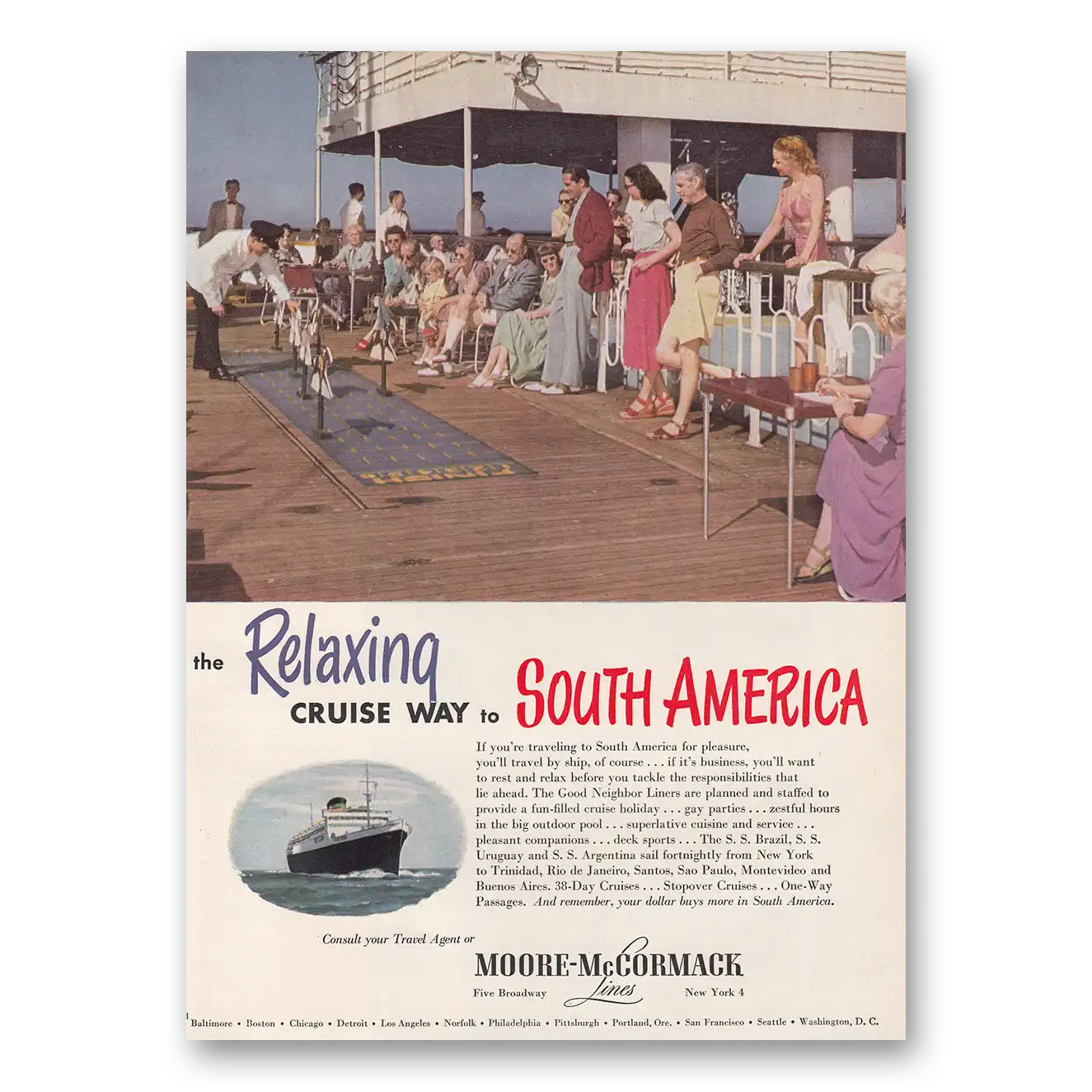 1950 Moore McCormack Lines South America Shuffleboard Vintage Magazine Print Ad