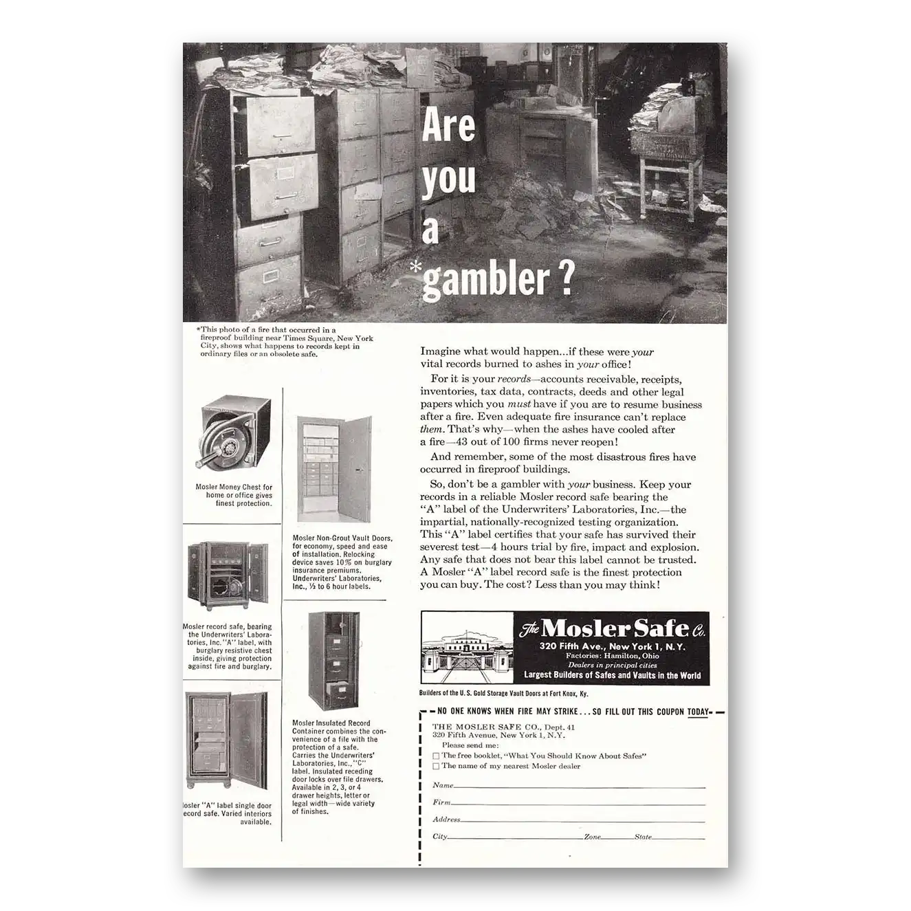 1950 Mosler Safe Are You a Gambler Vintage Magazine Print Ad