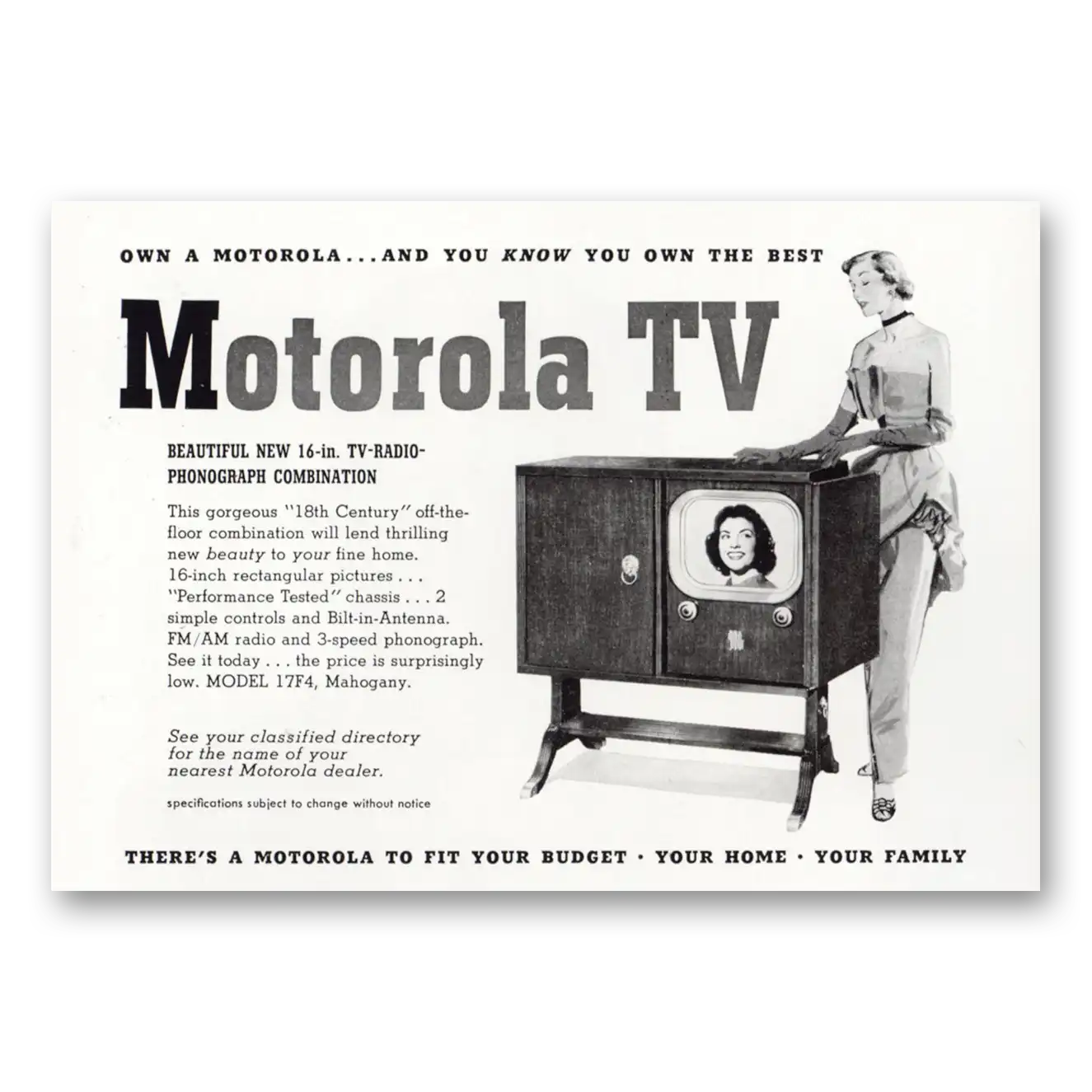 1950 Motorola Television 18th Century TV Radio Phonograph Vintage Magazine Print Ad