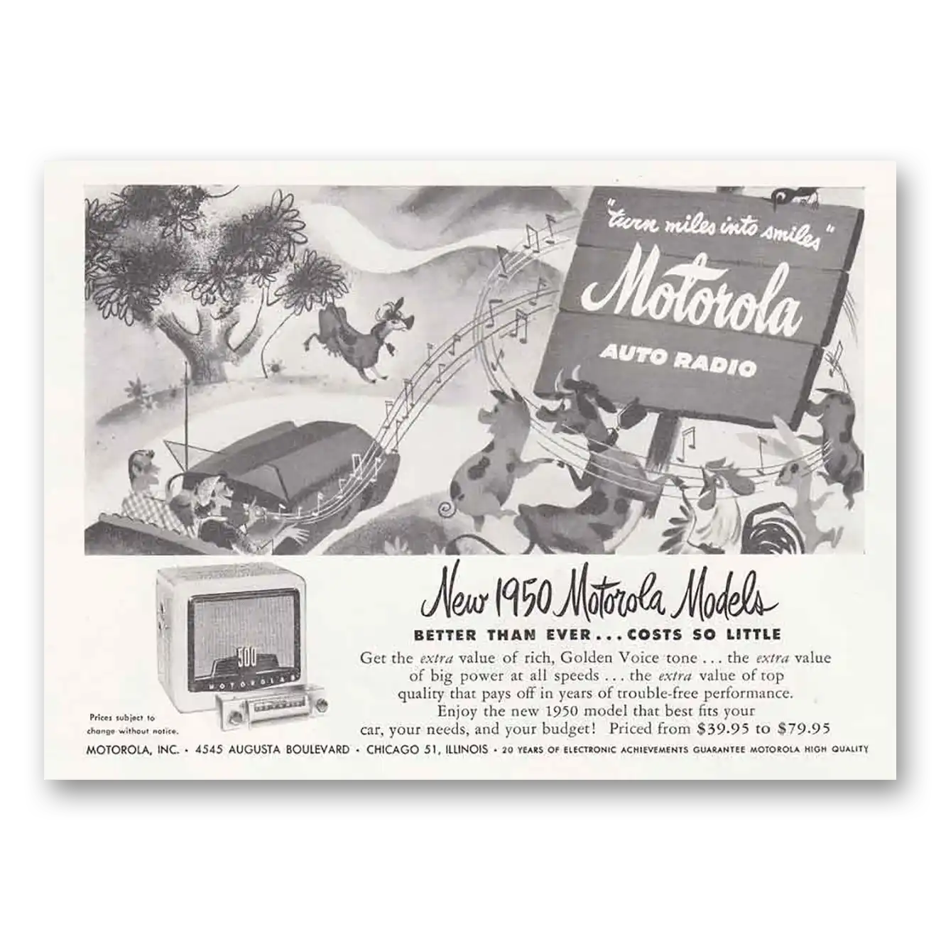 1950 Motorola Radio Auto Radio Turn Miles Into Smiles Vintage Magazine Print Ad