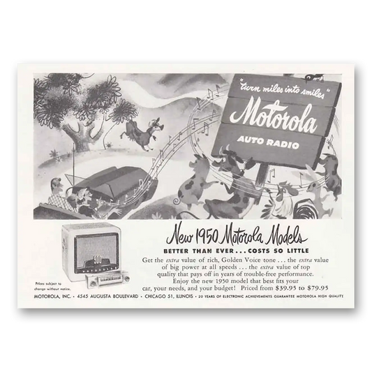 1950 Motorola Radio Auto Radio Turn Miles Into Smiles Vintage Magazine Print Ad