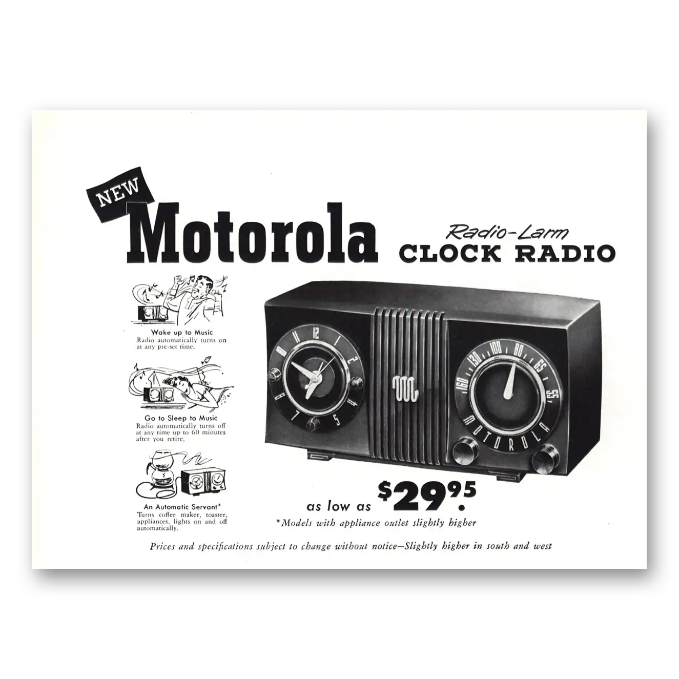 1950 Motorola Radio Clock Radio Larm Vintage Magazine Print Ad