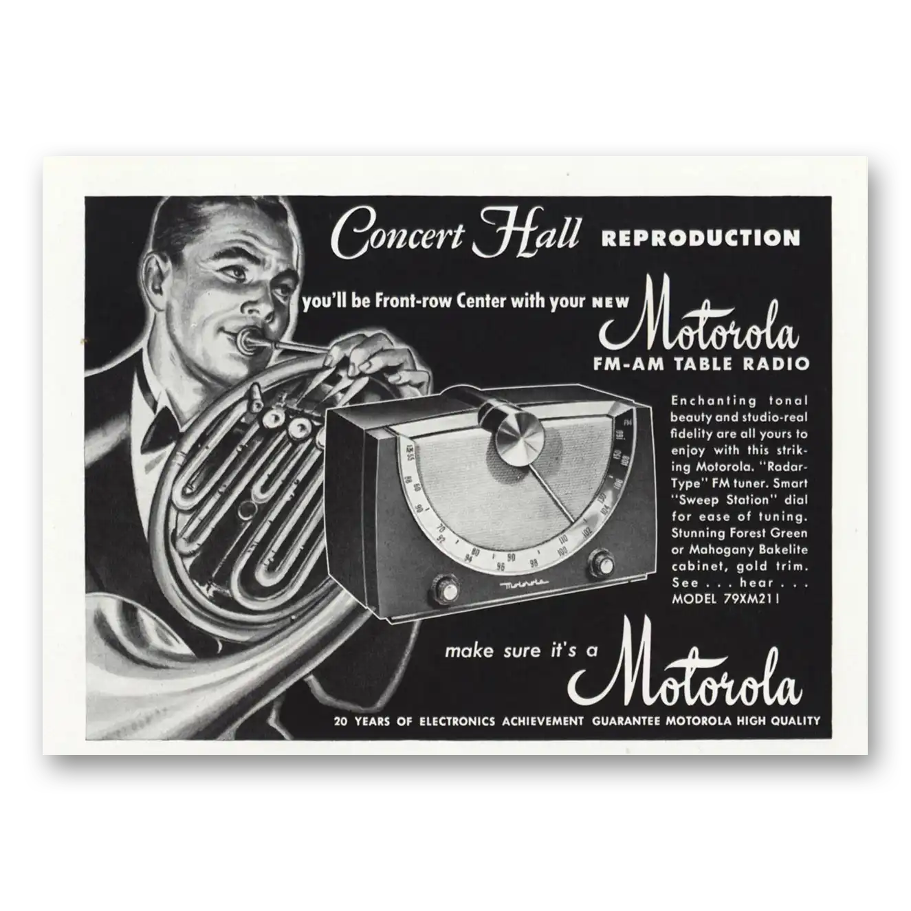 1950 Motorola Radio Table Radio Concert Hall Reproduction Vintage Magazine Print Ad