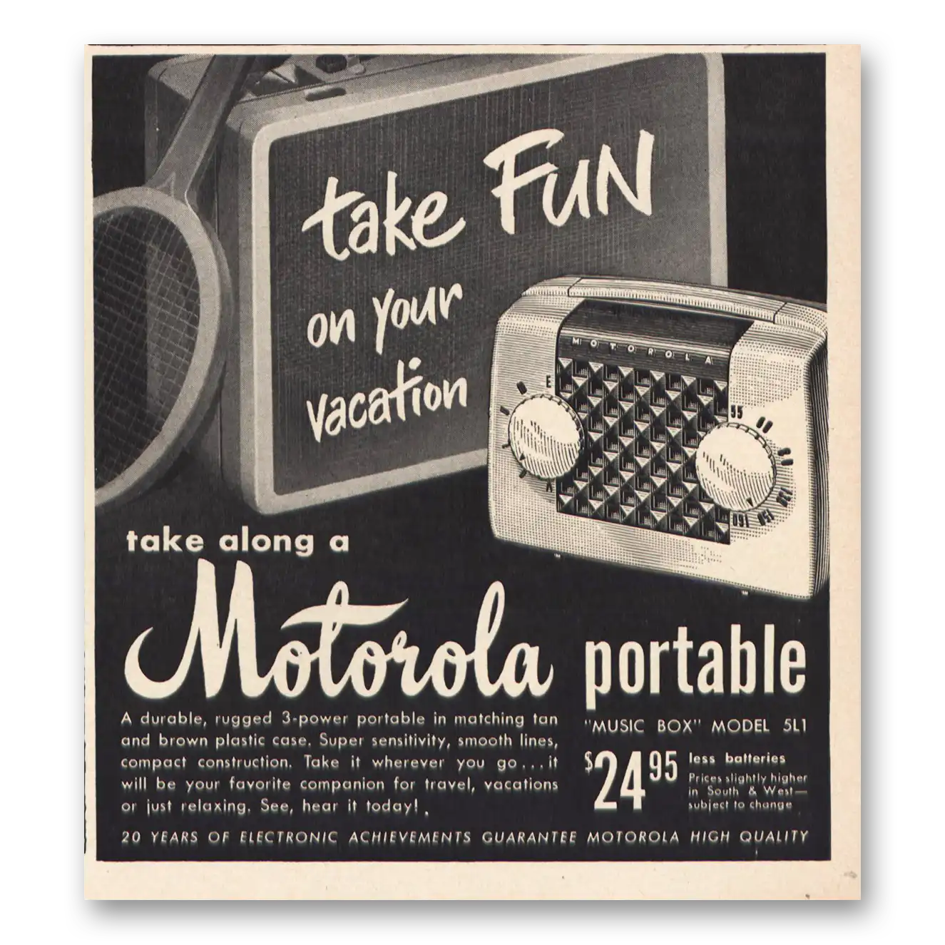 1950 Motorola Radio Take Fun On Your Vacation Vintage Magazine Print Ad