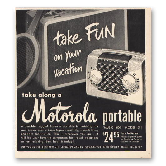 1950 Motorola Radio Take Fun On Your Vacation Vintage Magazine Print Ad