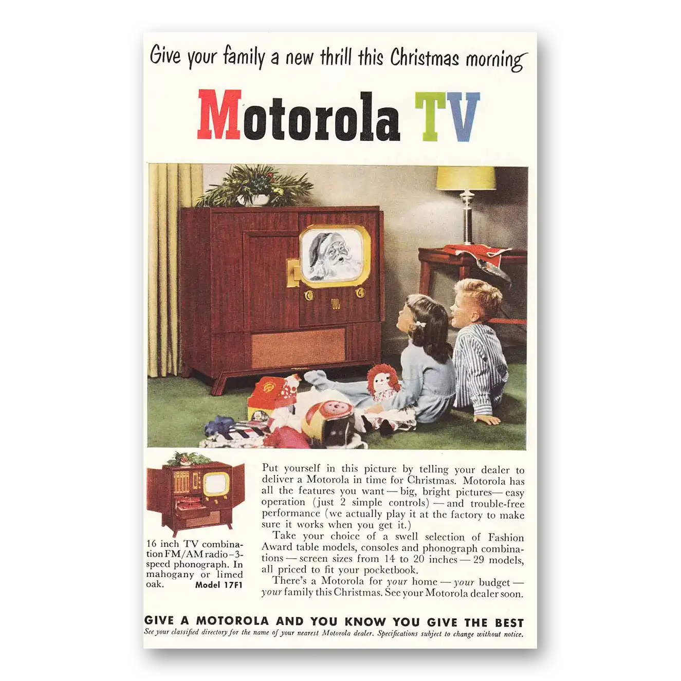 1950 Motorola Television New Thrill This Christmas Morning Vintage Magazine Print Ad