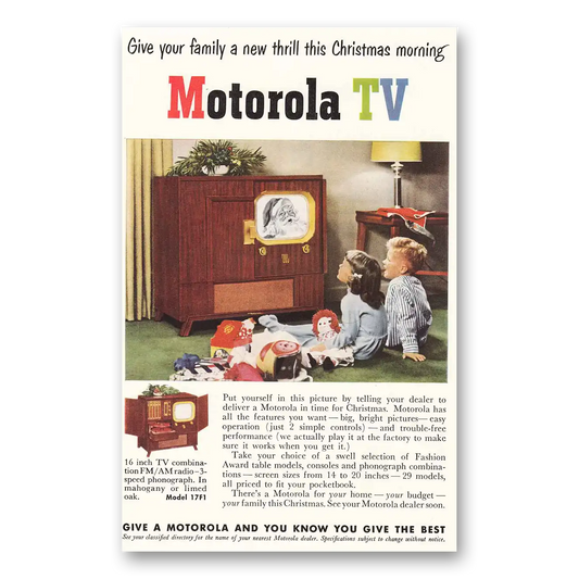 1950 Motorola Television New Thrill This Christmas Morning Vintage Magazine Print Ad