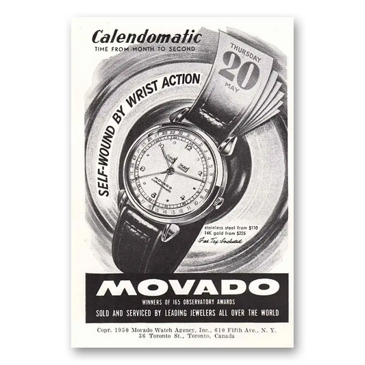 1950 Movado Watch Calendomatic Time From Month to Second Vintage Magazine Print Ad