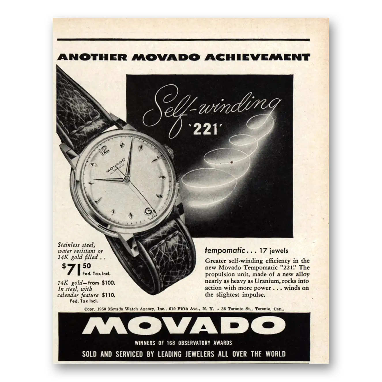 1950 Movado Watch Self Winding Vintage Magazine Print Ad