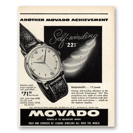 1950 Movado Watch Self Winding Vintage Magazine Print Ad