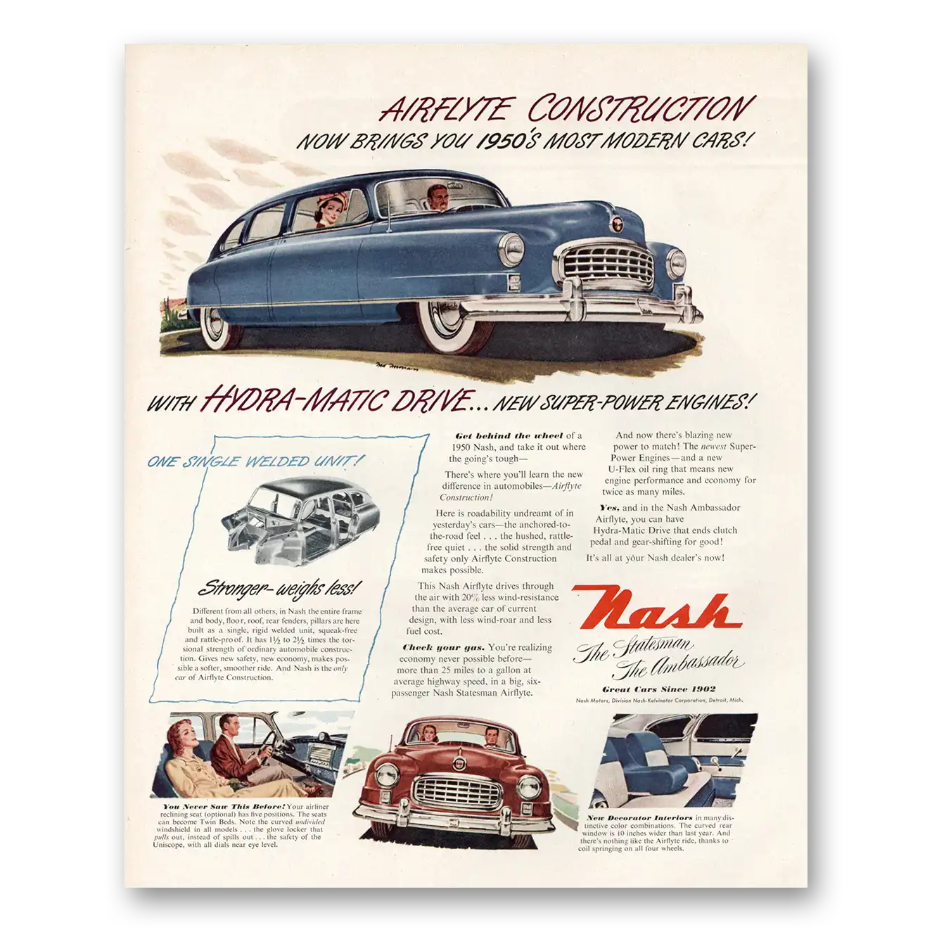 1949 Nash Motors Airflyte Construction Hydra Matic Drive Vintage Magazine Print Ad