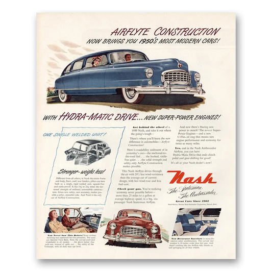 1949 Nash Motors Airflyte Construction Hydra Matic Drive Vintage Magazine Print Ad