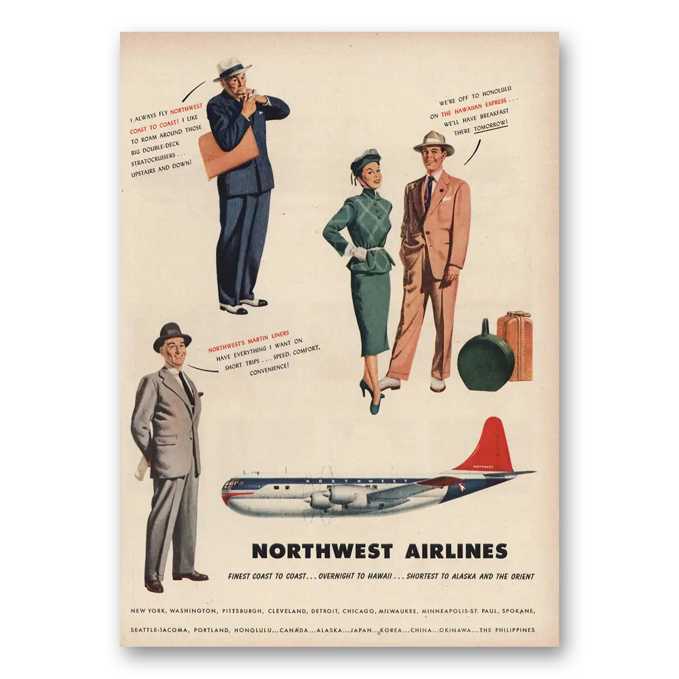 1950 Northwest Airlines Off to Honolulu Hawaiian Express Vintage Magazine Print Ad